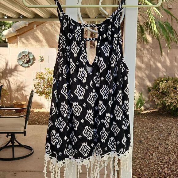 Julie's Closet women's large black white fringed boho spaghetti strap cr… - Picture 3 of 6